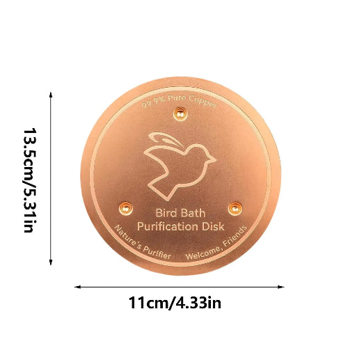 Copper purification disk with bird design and measurements on a white background