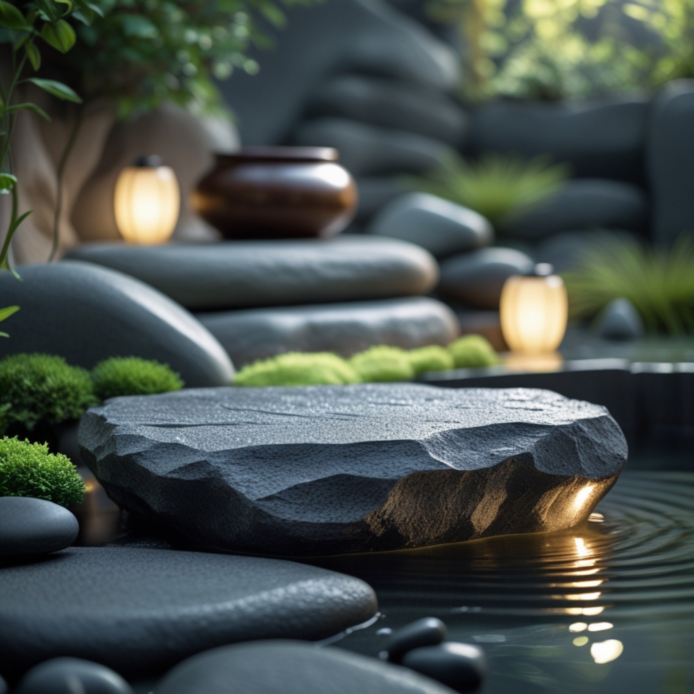 Decorative rocks on a manmade pond with outdoor lights