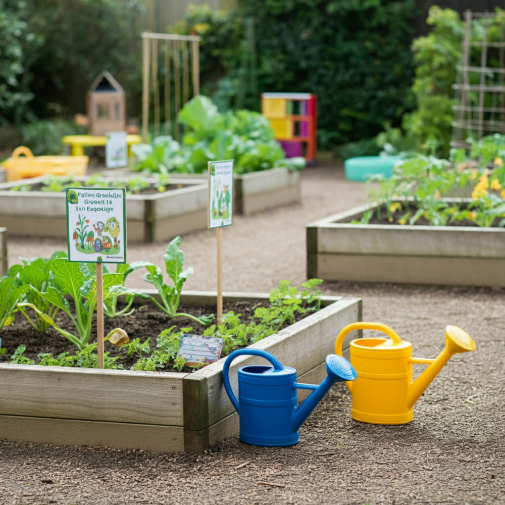 raised bed garden with watering cans