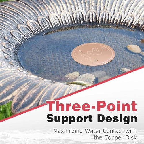 Decorative water feature with a copper disk labeled 'Three-Point Support Design'.