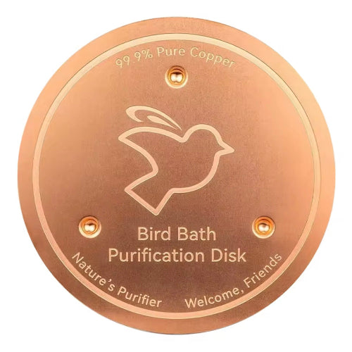 Copper Bird Bath Purification Disk with bird design and text on a white background